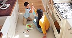 Learning, high five and mother with child drawing on floor for celebration, achievement and goal. Education, art and mom and kid with hands together for success in homeschool to study in kitchen.