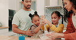 Bowl, stir and a family baking in the kitchen together with parents teaching their girl children about food. Help, love or bonding with kids learning how to cook from a baker mother and father