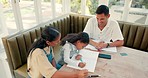 Homework, family and help with child, mom and dad together in a home with education. House, book and parent support with a young girl writing for school and class project with mother and father