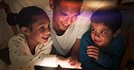 Night, father and children on tablet in tent watching movies, online games and cartoon. Happy family, blanket and dad with kids and fairy lights in bedroom on digital tech for bonding, relax and love