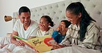 Book, parents and children laughing in bedroom with reading, teaching and happy family learning in home. Happiness, fantasy and mom, dad and kids relax on bed with love, time and funny storytelling.