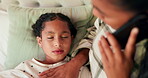 Sick girl, fever and phone call with a mom talking to a doctor to make an appointment for her daughter. Kids, family and a female child in bed with a mother speaking to a gp about healthcare at home