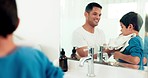 Towel, washing face and father with boy in bathroom for skincare, wellness and hygiene at home together. Family, beauty and happy dad and child with water, liquid and soap for cleaning and health