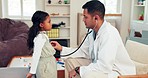 Man, doctor and girl in a consultation, kid and healthcare issue with a checkup, results and conversation. Male person, female child and medical professional with medical exam, career and stethoscope