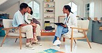 Girl, dad and doctor with writing, consulting and checklist for progress, healthcare or listen together. Father, young female kid and medic for clipboard, documents or therapy for medical inspection