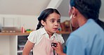 Breath, doctor and girl in a consultation, kid and appointment with results, cardiology and wellness. Medical, female child and healthcare professional with stethoscope, breathing and pediatrician