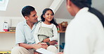 Healthcare, checkup and a pediatrician talking to a girl with her dad in the bedroom of a home during a visit. Family, kids and a child doctor in a medical appointment with a father and daughter