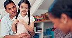 Medical, checkup and a pediatrician talking to a girl with her dad in the bedroom of a home during a visit. Family, kids and a child doctor in a healthcare appointment with a father and daughter