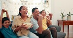 Celebration, TV and excited family on sofa with popcorn for bonding, quality time and relax in living room. Home, parents and mom, father and children on couch streaming movies or sport on television