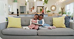 Black girl children, tablet and streaming, relax on couch with elearning or watching cartoon movie with sisters at home. Young female kids, screen time and subscription, education app or film online