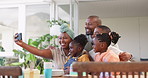 Birthday, selfie and a smile of a black family, parents and children together for bonding, love and care. African woman, man and happy kids at home for a picture, quality time and bonding at a party