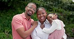 Hug, love and face of a black family in a garden for bonding, care and summer together. Happy, nature and portrait of an African mother, father and child with affection and laughing in a backyard