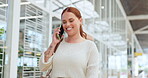 Phone call, communication and business woman in shopping mall for loan, wealth and investment negotiation and smile for success. Travel, walking and employee talking of sales deal on a smartphone