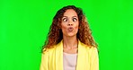 Silly face, green screen and woman being funny, playful and confident in a studio. Model, crossed eye and pout portrait of a female with happiness and crazy emoji expression as a joke