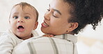 Mom, hug and baby in closeup in home for bonding with love or playing in motherhood. Infant, care and parent with embrace for quality time in portrait with protection in family for toddler together.