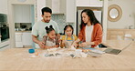 Love, happy family baking in kitchen and with laptop for online recipe in their home. Care or support, collaboration or teamwork and parents with their children together for bakery learning.