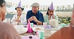 Family, children laugh and excited grandfather with cake on patio with party horn and celebration. Blowing, young kids and old man with a smile ready to celebrate with youth, food and birthday event