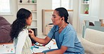 Woman, doctor and girl in a consultation, kid and healthcare issue with appointment, results and discussion. Female person, child and medical professional with stethoscope, checkup and pediatrician