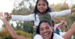 Parents, kids and shoulders for airplane, outdoor and smile together with love, playing and comic in nature. Happy family, mother and daughter with funny laughing, plane or excited in summer vacation