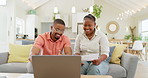 Technology, married couple celebrating and laptop on a sofa in living room of their home. Social media or online communication, success or high five and black people together happy for connectivity