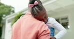 Girl, sleeping in dad arms and parent to carry tired, exhausted and child with fatigue from car on weekend or holiday. Black family, asleep daughter and father walking to front door, home and house