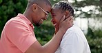 Love, forehead or happy black couple with bond, joy or romance spending quality time together. Marriage trust, eye contact or African man with black woman, smile or support on outdoor date in park