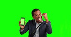 Winner, businessman with smartphone and against green screen with celebration. Success or achievement, good news or announcement and black man excited for competition prize against a chroma key