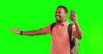 Green screen, selfie and black man on video call or live streaming travel journey on social media, online or internet. Phone, smartphone and happy young person or influencer waving and explore