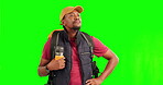 Confused, lost and travel with black man on green screen for hiking, backpacking and location. Search, frustrated and direction with person on studio background for adventure, vacation and navigation