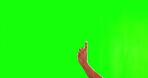 Green screen, hand and pointing for presentation of promotion, mockup or show information in studio background. Point, finger and gesture to menu, option or choice for advertising a list or timeline