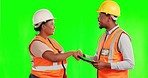 People, architect and handshake with tablet on green screen for construction against a studio background. Man and woman, engineer or contractor shaking hands in team architecture, partnership or deal