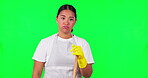 Green screen, tired cleaner and portrait of woman with gloves, fatigue and burnout from cleaning, work or washing on background. Exhausted, maid and stress from housework or housekeeper job in studio