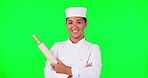 Chef, woman and  rolling pin on a green screen with smile and pride for career or industry. Portrait of a happy asian person, baker or cook with wooden tools for cooking, baking or pastry marketing