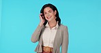 Happy business woman, face and studio with corporate fashion, style and confident by blue background. Female entrepreneur, employee and excited for job, pride and portrait with suit, clothes and hair