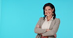 Mockup, smile and portrait of a business woman happy and confident isolated in a studio blue background. Small business, entrepreneur and young female lawyer with pride and excited for a law firm