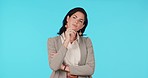 Business woman, thinking and hand on chin in studio with serious face, doubt or vision. Female entrepreneur isolated on a blue background for problem solving, memory or solution and questions