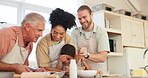 Family, grandparent and child with parents baking and learning with fun at home for development. Mixed race men, woman and boy kid helping and cooking together for quality time, activity and play