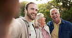 Son, selfie and happy with senior parents in garden with hug for bonding on weekend or summer. Man, profile photo and grandparents are happy in portrait with happiness for quality time in nature.