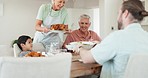 Home food, chicken and happy family lunch, eating meal or brunch buffet for Thanksgiving holiday. Grandparents, children and elderly man, woman or people bond, hungry and enjoy turkey meat together