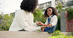 Mother, hand and cleaning with child in garden, bonding and happy together. African mom, girl and education outdoor in nature for plants, vegetables and agriculture for growth, ecology and care.