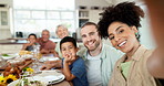 Home food, smile and happy family selfie at lunch meal, reunion or brunch buffet with memory picture. Portrait, photography and bonding man, woman or diversity people photo, hungry and relax together