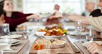 Home food, lunch pie and family eating meal, dessert or brunch buffet for Thanksgiving holiday. Love, dining room and bonding man, woman or people pass plates, hungry and enjoy quality time together