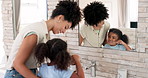 Dental, mother and daughter brushing teeth in bathroom, hygiene and grooming with health and morning routine. Woman with girl at home, cleaning mouth and toothbrush with toothpaste for oral care