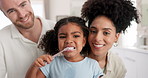 Face, parents with child brushing teeth in bathroom, hygiene and grooming, dental health and morning routine. Woman, man and girl at home, cleaning mouth and toothbrush with toothpaste with oral care
