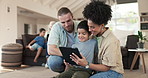 Tablet, home and happy family parents, kid or people working on e learning, knowledge or helping son with studying. Elearning, remote online education and young child, mother and father bond together