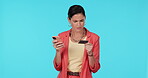 Woman, credit card and smartphone, confused with online shopping and bank app error with payment. Female customer, e commerce mistake and question internet banking, fintech glitch on blue background