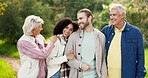 Laughing, face and parents with children in nature for bonding, family love and care. Interracial, happy and portrait of senior people with a man and woman and a hug in a park or backyard together