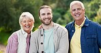 Face, outdoor and senior parents with son, having fun and bonding together. Portrait, family and elderly mother and father with man laughing at funny comedy, happy and enjoying quality time in nature