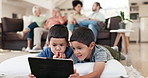 Home, tablet and relax family children watch video, subscription movie or streaming cartoon film, media or web app. Gaming friends, brothers and kids playing online games, bonding and lying on floor