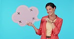 Happy, pointing and a woman with a speech bubble on a blue background for communication. Excited, talk and face portrait of a social media manager with a board and gesture for a chat or quote